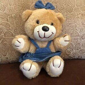 MTY Vintage Brown Bear Girl Dress Denim Plush Stuffed Animal Taiwan 7"